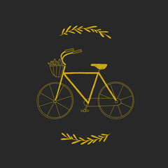 Vintage bicycle vector rustic card. Golden bike illustration and branches on blackboard