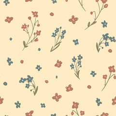 Wild Flowers vector seamless pattern.  Cute and tender flowers. Forget-me-not pattern on yellow background for wrapping paper, fabric, textile, wallpaper, home decor