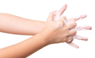 Asian kid girl hand washing isolated on white background.