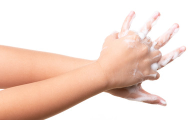 Asian kid girl hand washing isolated on white background.