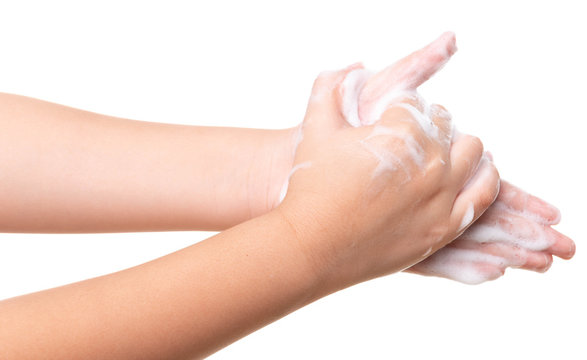 Asian kid girl hand washing isolated on white background.