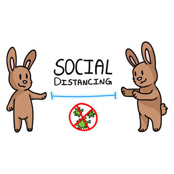 Corona virus kids cartoon social distancing infographic. Viral flu help cute bunny. Educational graphic for self isolate family. Friendly icon for young children. Vector safety caution awareness.