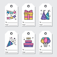 Birthday tags design on white background. Collection of party greeting cards in line style. Cute set for anniversary or birthday.