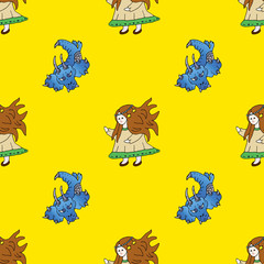 World of fairy tales seamless pattern. Beautiful princess and flying dragon. Hand drawn vector color cute background. Great design for wrapping paper, wallpaper, postcards and textiles.