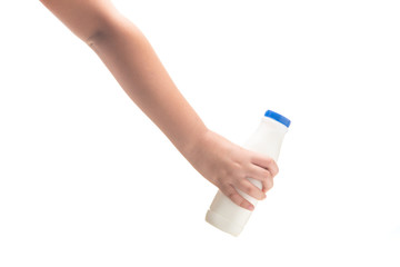 Kid Hand holding Bottle of fresh milk  isolated on white.