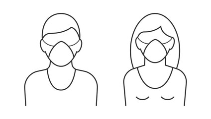 Man and woman wearing protecting mask. Editable stroke