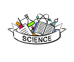 Education Poster in hand drawn style. Science elements whith white ribbon for text. Vector Template for design on the theme of training, education, science, university, school, college