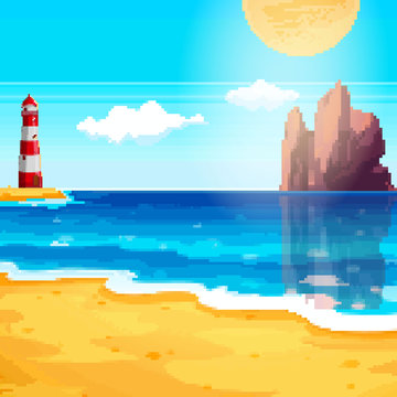 Pixel Background For Summer Vacation.Summer Beach Game Background. Pixel Lighthouse.  Pixel Art 8 Bit. 