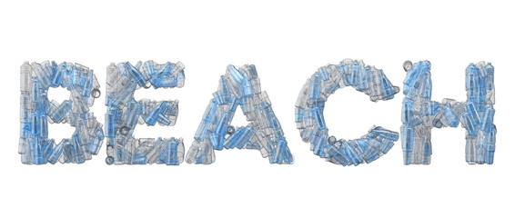 Beach word spelt out in empty plastic bottle font.