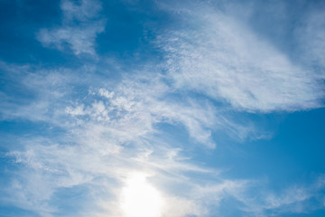blue sky horizontal with beautiful puffy fluffy clouds with sunlight, abstract nature background