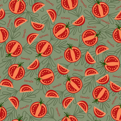 Red tomato halves with leaves pattern vector