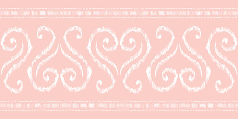 Hand-Drawn Pink and White Heart Shape Traditional Ikat Vector Seamless Pattern Horizontal Border. Modern Woven Swirls Geometric Print, Perfect for Textiles, Fashion, Background. Tribal Boho Texture