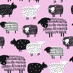 Black and white sheep seamless pattern on pink background. Silhouettes of animals .Texture, wallpaper. Print for textiles, decoration