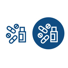 Icon with drawn medicinal pills and vial. A set of tools for treating diseases. Option in a circle and without it. Vector isolated illustration.