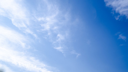 blue sky horizontal with beautiful puffy fluffy clouds with sunlight, abstract nature background