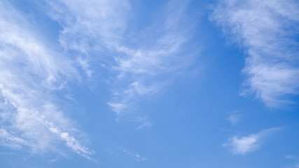 blue sky horizontal with beautiful puffy fluffy clouds with sunlight, abstract nature background