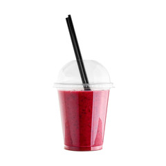 Red Strawberry smoothie in plastic cup with straw isolated on white background. Berry healthy beverage. Detox drink.