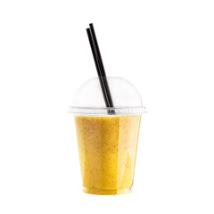 Yellow banana smoothie in plastic cup with straw isolated on white background. Berry healthy beverage. Detox drink.
