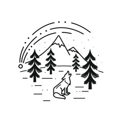 mountain line art with emblems. Summer vector illustrations. Design for t-shirt, stamp, label, logo, etc. isolated vector graphic.