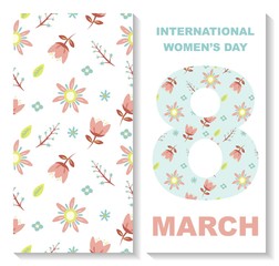 Postcard with a floral pattern for International Women's day. The eighth of March.
