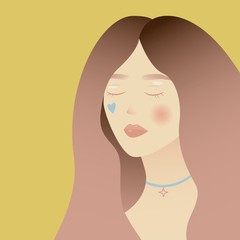 Alone and sad girl with blue heart on face.
