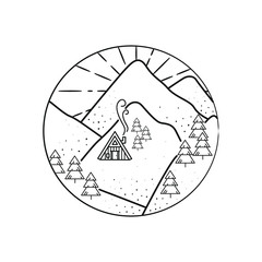 mountain line art with emblems. Summer vector illustrations. Design for t-shirt, stamp, label, logo, etc. isolated vector graphic.