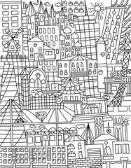 Black an white doodle with houses of different cultures and attractions. Line art.