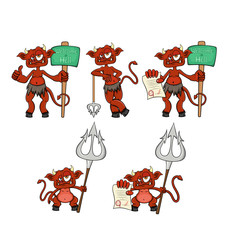 A set of five cartoon devils, each character on a separate layer. Isolated on a white background. Stock illustration