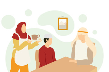 Happy muslim family greeting celebrating eid mubarak, Ramadan Kareem vector illustration