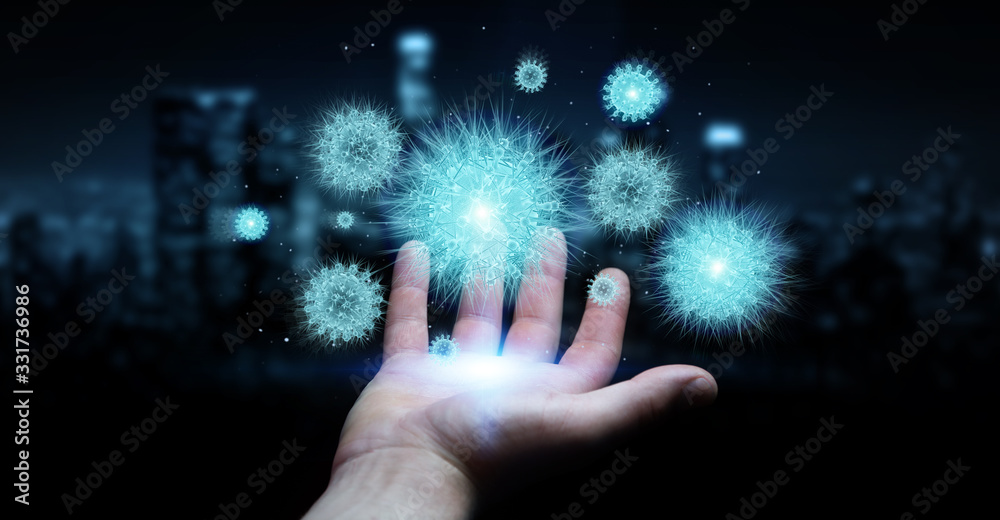 Poster Man analyzing coronavirus with digital holographic projection close-up 3D rendering