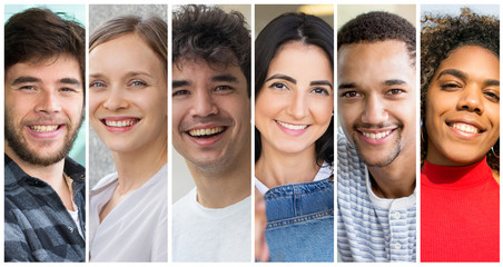 Happy multiethnic young entrepreneurs portrait set. Cheerful diverse men and women in casual...
