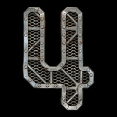 Mechanical alphabet made from rivet metal with gears on black background. Number 4. 3D