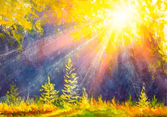 Badkamer foto achterwand Geel Zonsondergang boslandschap. Aquarel schilderij. Hand getekend buiten illustratie. Natuur achtergrond, aquarel samenstelling. Park, bomen, zonnestralen. Geschilderde achtergrond.