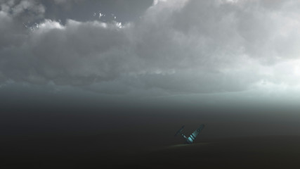 Crashed airplane in sandy terrain with cloudy sky. 3D render.