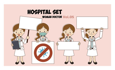 Woman doctor cartoon style set. illustration isolated. Hospital set. Doctor with blank white banner. Vol.05