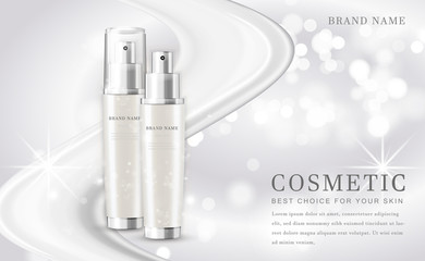 Vector 3D cosmetic make up illustration product bottle with elegant white shiny background