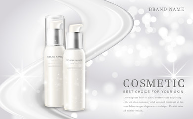 Vector 3D cosmetic make up illustration product bottle with elegant white shiny background