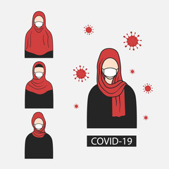 Collection of muslim womans in medical face masks, Arab countries. Vector background, hand drawn icons set. Colorful elements, portraits. Illustration with arabic women. Corona virus. COVID-19