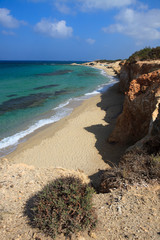 Alyko beach, Naxos / Greece - August 24, 2014: Alyko beach view in Naxos, Cyclades Islands, Greece - obrazy, fototapety, plakaty
