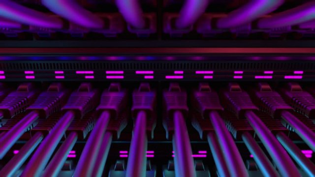 Close-up View of Modern Internet Network Switch With Plugged Ethernet Cables. Blinking Lights on Internet Server. Concept of Data Center, Cloud Computing and Telecommunications. Endless Loop.
