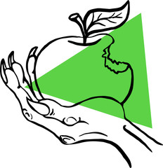 Woman's hand with a bitten green apple. Vintage engraving stylized drawing