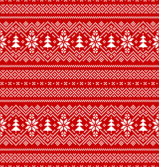 Christmas Scandinavian pattern in red and white with snowflakes and Christmas trees