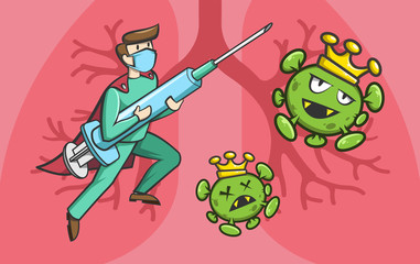 Doctor Fighting Corona Virus Cartoon Illustration - Covid 19 infection flu illness epidemic pandemic - cal manner, straight forward, educational, positive, kids, children