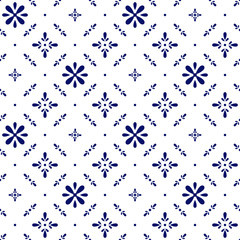 Floral polka dot geometric seamless pattern. Dark blue simple vector flowers on white background. Simple vector geometric illustration. Polka dot design for printing on textile, fabric, paper