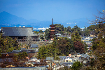 Miyajima, Japan - January 02, 2020: Cityscape to the Walking Tourists and  Itsukushima streets