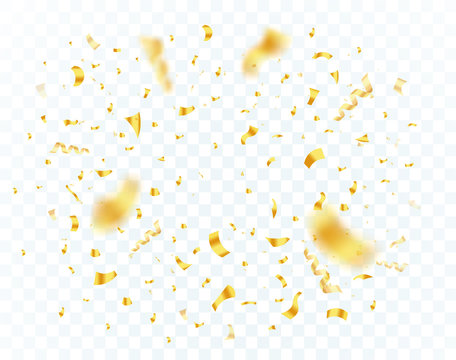 Confetti explosion on transparent background. Shiny glossy gold paper pieces fly and scatter around. Surprise burst for festive, carnival, casino, party, birthday and anniversary decoration. Vector.