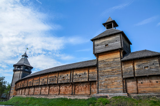 Outside view of the wooden citadel residence Ukrainian hetmans fortifications on river Seim. Baturyn, Chernihiv region, Ukraine