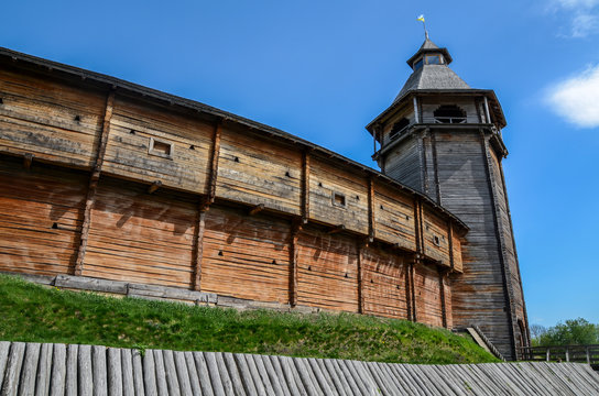 Outside view of the wooden citadel residence Ukrainian hetmans fortifications on river Seim. Baturyn, Chernihiv region, Ukraine