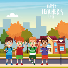 Obraz na płótnie Canvas happy teachers day card with students outdoor school