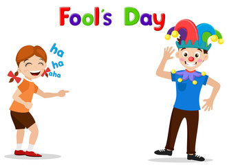 Girl laughing with a dressed up clown guy on a white. Fools Day